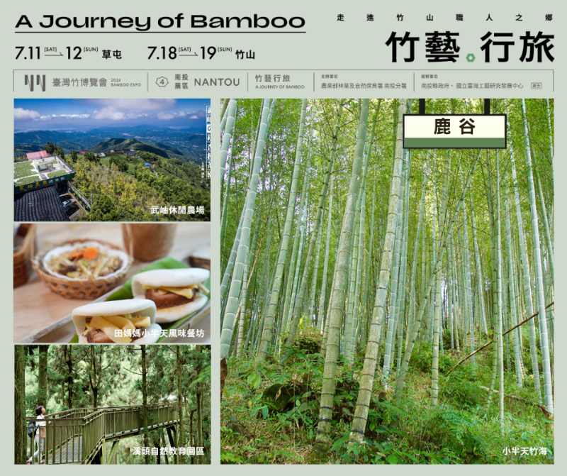 鹿谷｜漫遊幽靜竹海 旅行風格：森林療癒、竹炭工藝、感官放鬆 推薦慢遊：小半天竹海 ➡️ 武岫竹炭窯文化園區  ➡️ 田媽媽小半天風味餐（午餐） ➡️ 溪頭自然教育園。