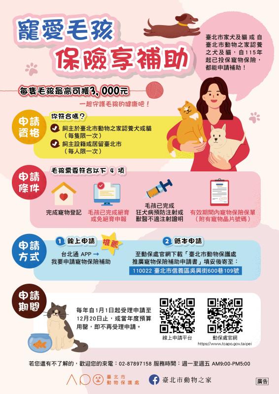 家犬貓絕育補助最高可申請新台幣2000元，非動物之家認養犬貓投保也可申請，最高補助3000元。