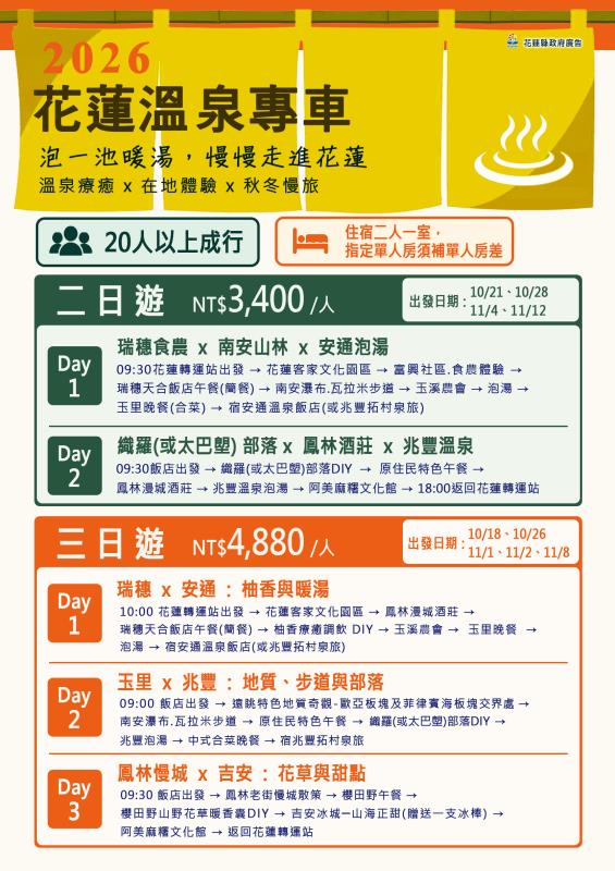 花蓮溫泉專車10/17啟動　730元起泡湯慢遊縱谷