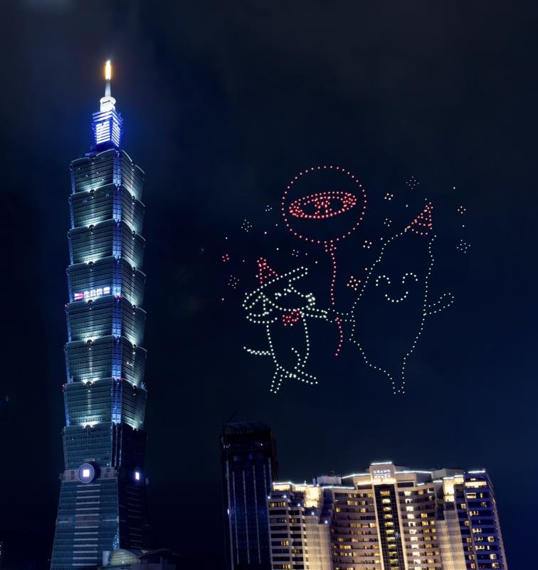 台新新光金控吉祥物Richart頭戴生日帽，牽手Q版臺灣躍上夜空，陪伴全民歡慶雙十、為國家慶生。