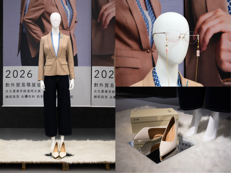 D+AF 鞋履及日本第一眼鏡品牌 JINS 為《文化量產系統 UNIFORMOSA》展出制服造型增添細節；JINS 讓眼鏡從視力矯正工具化身時尚配件，以美容系商品之一的腮紅鏡片，為整體造型增添亮點。