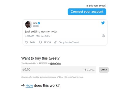 推特創辦人拍賣15年前第1則推文 出價飆到5500萬