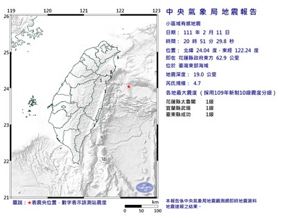 東部外海地震規模4.7 最大震度宜花東1級