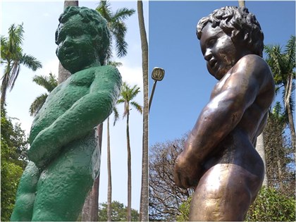 嘉義公園尿尿小童外表去漆  小綠巨人恢復銅本色