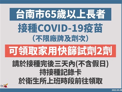 台南65歲以上長者  接種疫苗再送2劑快篩