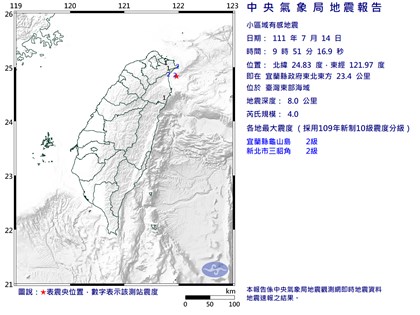 台灣東部海域地震規模4.0 最大震度宜蘭新北2級