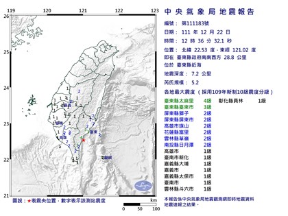 台東近海地震規模5.2 最大震度4級