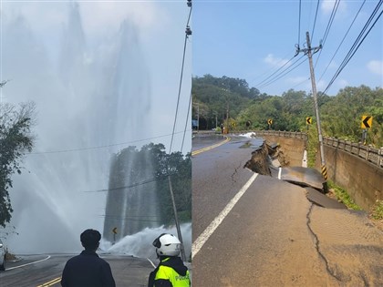 寶二水庫輸水管爆裂 路面塌陷水噴約3樓高