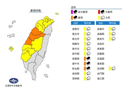 苗栗台中彰化豪雨特報 台南以北縣市防大雨