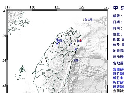 宜蘭外海地震規模4.9 最大震度2級雙北有感