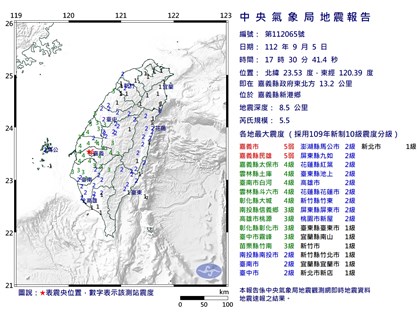 嘉義地震規模5.5 最大震度5弱【更新】