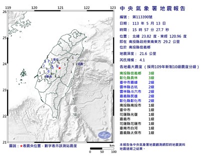 南投信義鄉地震規模4.1 最大震度3級