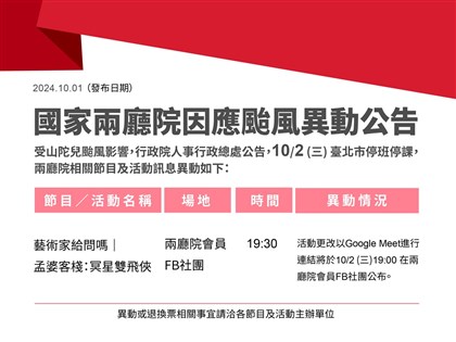 颱風山陀兒來襲  兩廳院公共區域不開放