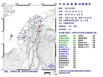 花蓮地震規模4.9  最大震度花蓮南投台中4級