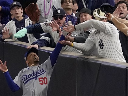 MLB世界大賽道奇貝茲接殺界外球 洋基球迷硬搶遭驅逐出場[影]