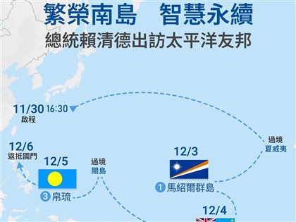 賴總統30日出訪南太平洋3友邦 過境夏威夷關島