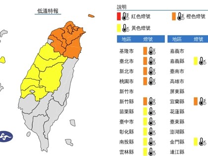 強烈大陸冷氣團襲台 嘉義以北13縣市低溫特報