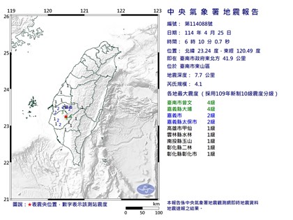 台南東山地震規模4.1 最大震度4級