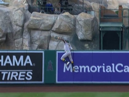 MLB運動家新秀預約年度美技 翻牆沒收全壘打堪比蜘蛛人[影]