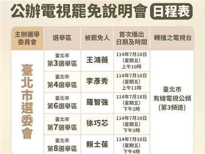 公辦電視罷免說明會時程　新北16日北市18日舉行、台東不辦