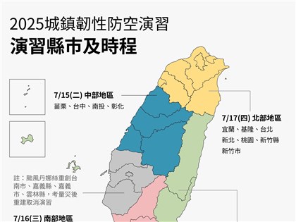 城鎮韌性防空演習15日起分區舉行 將發送手機告警訊息
