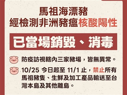 馬祖海漂豬檢出非洲豬瘟陽性 豬隻產品暫停輸台