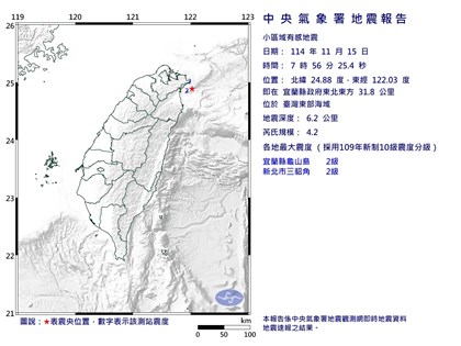 東部海域地震規模4.2 最大震度新北宜蘭2級