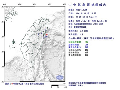 東部海域晚間連兩震　最大震度花蓮3級