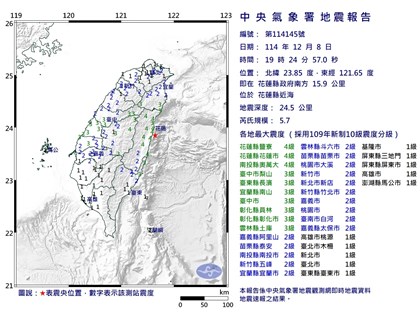 東部海域地震規模5.7　最大震度花蓮南投4級