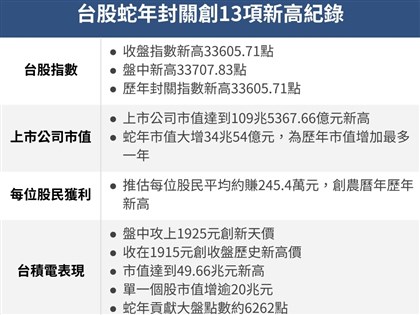 台股蛇年創13項新高紀錄　上市公司市值增34兆、股民平均賺245.4萬