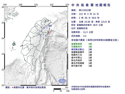 宜蘭縣近海芮氏規模4.2地震　最大震度4級
