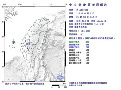 台南楠西地震規模4.1　最大震度4級