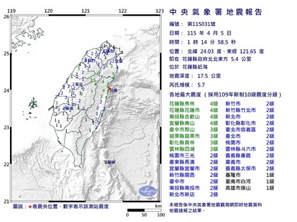 花蓮縣近海規模5.7地震　最大震度4級