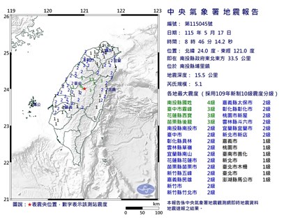 南投埔里地震規模5.1　最大震度4級