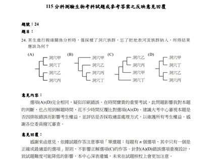 分科測驗生物試題選項相同　大考中心遺憾但不送分
