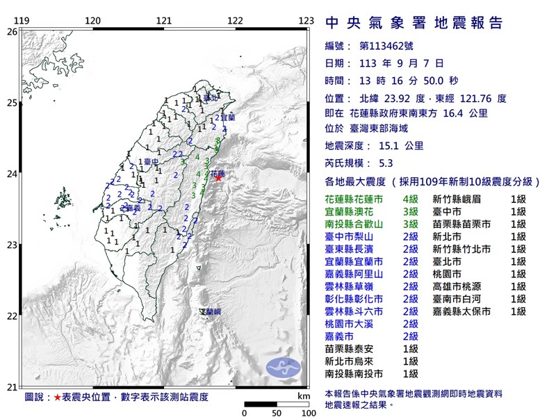 花蓮外海地震規模5.3 最大震度花蓮4級