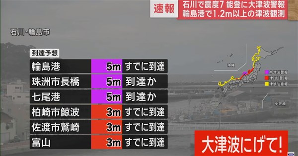 日本石川縣地震規模7.6 海嘯抵達能登、輪島港等地[影] | 國際 | 中央社 CNA