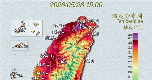 台南玉井で39.4度、台湾16県市で高温注意報